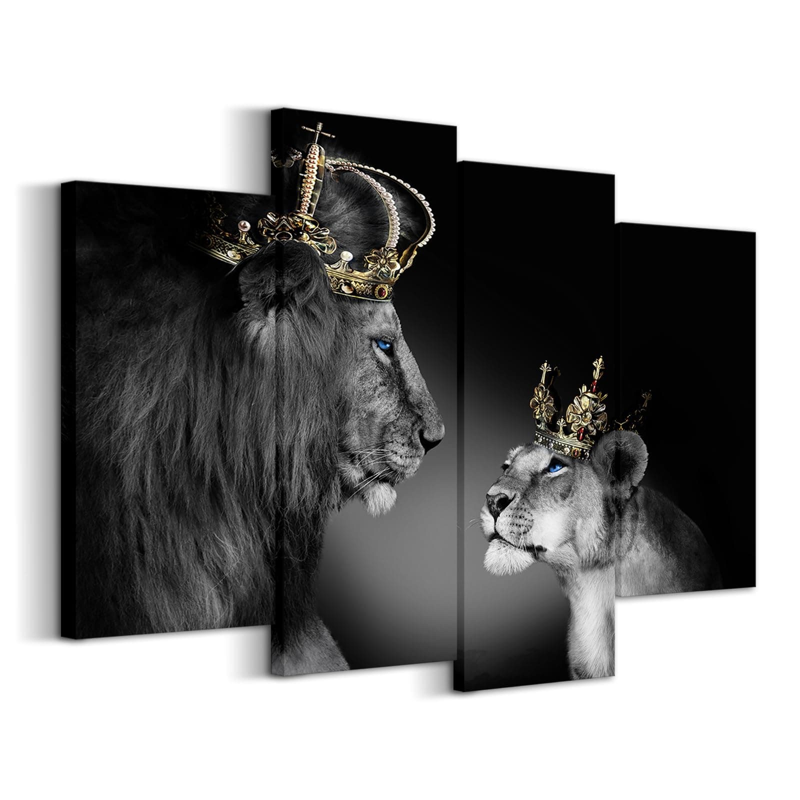 Large 4 Panel Wall Decor The Lion King and Queen with Crown Wall Art African Wild Animals Canvas Prints Pictures Black and White Modern Giclee Framed Artwork for Master Room Ready to Hang 48x33inch