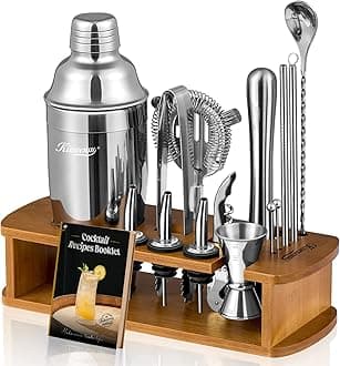 KITESSENSU Cocktail Shaker Set Bartender Kit with Stand | Bar Set Drink Mixer Set with All Essential Accessory Tools: Martini Shaker, Jigger, Strainer, Mixer Spoon, Muddler, Liquor Pourers |Silver