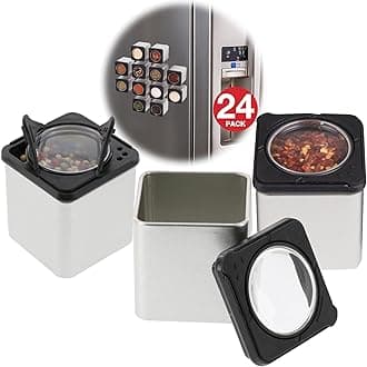 Set of 24 Magnetic Spice Jars, Shake or Pour Containers Attach to Most Refrigerator Doors & Appliances, Seasoning Dispensers- Easy Open Window Top Shakers- Salt Pepper Organizers, Space Saving Baking