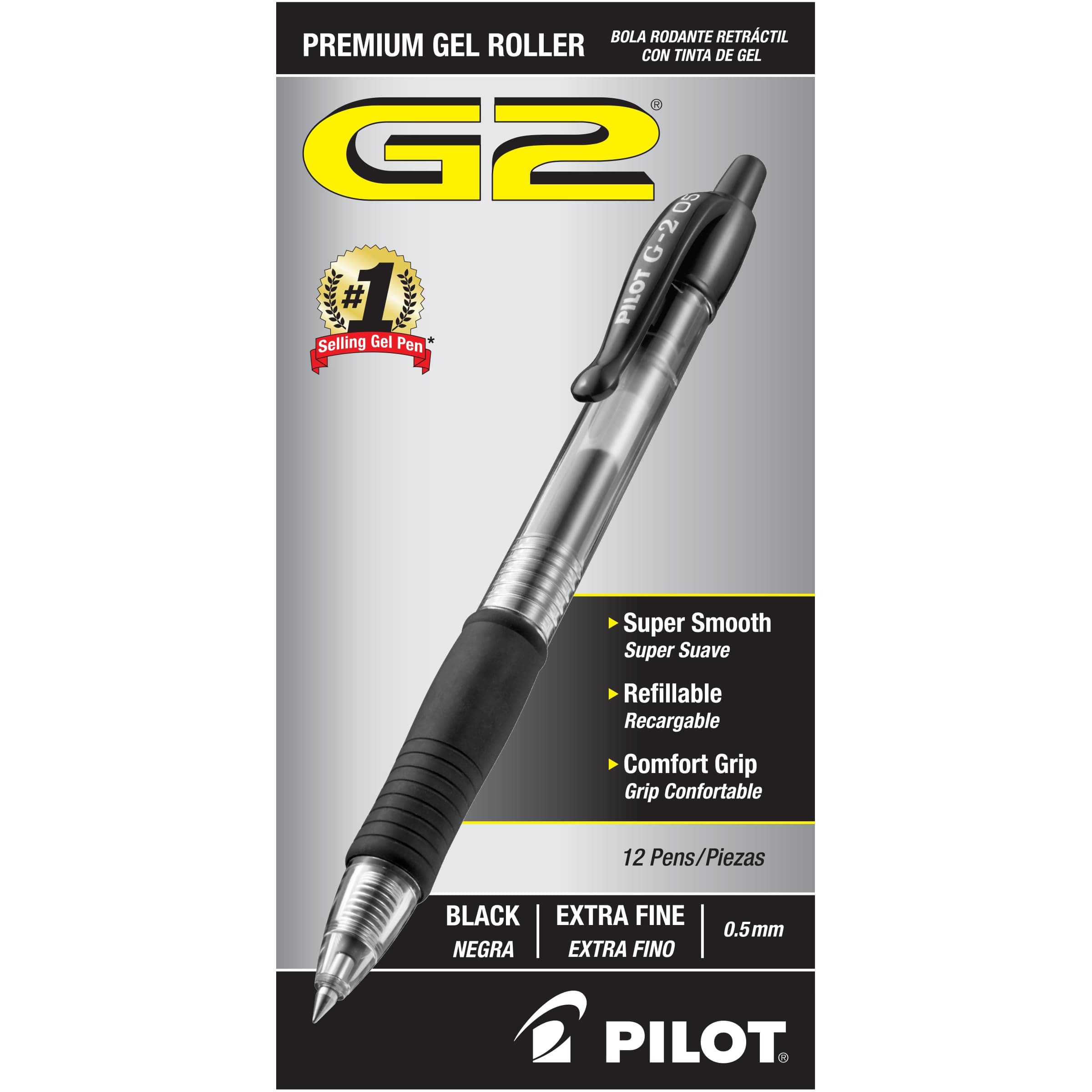 G2 Premium Refillable and Retractable Rolling Ball Gel Pens, Extra Fine Point, Black Ink, 12-Pack (31002)