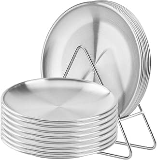 8-piece 6.5-inch appetizer plate with stand set Gold silver stainless steel round plates Suitable for cakes desserts, salads, dips, snacks, side dishes (Silver, 6.5inch)