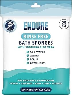Rinse Free Bath Shower Sponge - Body Wash Wipes for Bathing - Perfect for Camping, Festivals, Gym and Travel - Dry Sponge Wipes with Gentle Cleansing Soap. Just add Water (25 Per Pack).