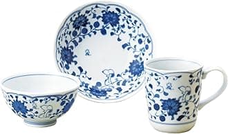 Sunupii 630741 Indigo Arabesque Rice Bowl, Mug, Pot, 3-Piece Set, Comes in a Presentation Box