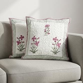 HOMEMONDE Quilted 16 X 16 Inches Soft Throw Cushion Cover - Pack Of 2 Jaipuri Hand Block Print Cotton Pillow Covers, Pink, 300 TC