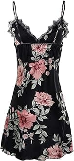 BellisMira Sexy Slip Satin Nightwear Lace Cami Padded/Unpadded Flower Pajamas V-Neck Sleepwear Floral Silk Nighty for Women