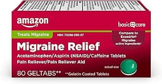 Amazon Basic Care Migraine Relief Geltabs, Pain Reliever, Acetaminophen 250 mg, Aspirin 250 mg (NSAID) and Caffeine 65 mg, Headache Relief, 80 Count