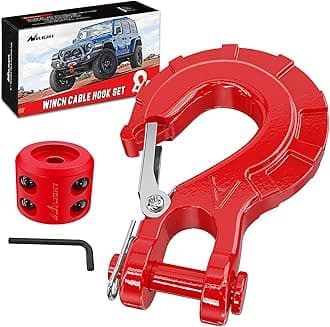 Nilight Forged Steel Winch Hook 3/8" Grade 70 Safety Latch Winch Cable Hook Stopper & Clevis Slip Hook Sets, Included Allen Wrench,Max 35,000 lbs,2 Years Warranty, Red