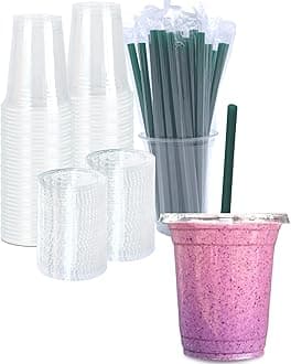 12 oz Clear Plastic Cups with Lids and STRAWS, Disposable Drinking Cups for Cold Drinks, Iced Coffee, Milkshakes, Smoothies, 25 Sets