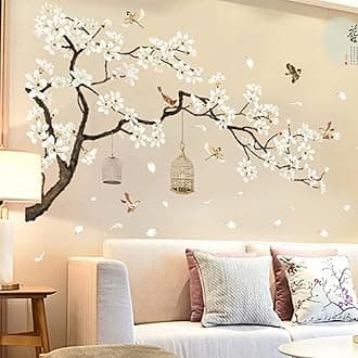Large White Flower Wall Stickers, 50"x74" Removable DIY Romantic Cherry Blossom Tree Wall Murals Peel and Stick 3D Wall Art Stickers Home Decor for Gilrs Bedroom Nursery Rooms Living Room
