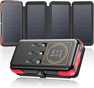 SOARAISE Solar Charger 25000mAh/92500mWh Wireless Portable Charger, 20W Fast Charging Power Bank with Built-in 3 Cables, PD QC 3.0 Phone Battery Pack with 4 Solar Panels & Flashlights for Camping
