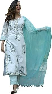 KLOSIAWomen Pure Cotton Printed Straight Kurta with Pant & Dupatta Suit