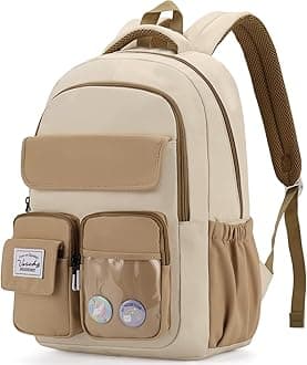 VASCHY Backpack for Girls, Cute School Bag Bookbag for Elementary Middle Schooler Teen Girls/Kids Travel with Clear Pin Pouch Khaki