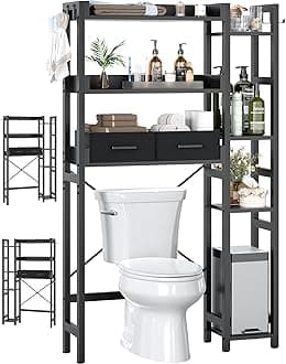 - Over The Toilet Storage with 2 Drawers - 7 Tier Bathroom Organizer with Adjustable Shelf, Freestanding Space Saver Storage Rack Above Toilet Stand with 4 Hooks for Restroom, Laundry, Black