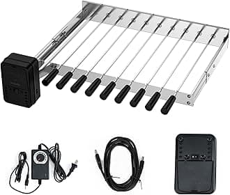 Skyflame Stainless Steel Electric Barbecue Shish Kabob Skewer Set with 9pcs Skewers, Automatic Rotating Skewer Turner with Adjustable Speed Motor and Adjustable Length Rotisserie BBQ Grill Rack