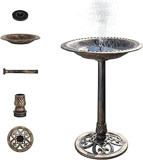 VINGLI 28 Inch Bird Bath with Solar Fountain Antique Copper Weather Resistant Resin Pedestal Birdbaths Floral Accents and Vintage Finish Garden Decor for Outdoor Lightweight Courtyard…