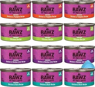 Rawz Natural Premium Canned Cat Wet Food Shredded -12 Pack Chicken Variety - 4 Flavors - (Chicken & Duck, Chicken & Liver, Chicken & Pumpkin, Chicken) Pets Food Bowl - (3oz Cans)