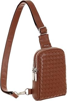 INICAT Travel Small Sling Bag Leather Crossbody Bags for Women Fanny Packs Cross Body Bag for Woman Cross Body Purses(Brown Woven)