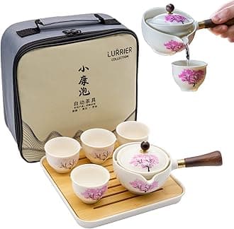 LURRIER Porcelain Chinese Gongfu Tea Set,Portable Teapot Set with 360 Rotation Tea maker and Infuser,Portable All in One Gift Bag for Travel,Home,Gifting,Outdoor and Office (Sakura)