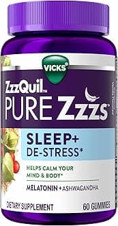 ZzzQuil PURE Zzzs De-Stress 2mg Melatonin Gummies, , Sleep Aids for Adults, Ashwagandha for Stress Support, 60 Gummies