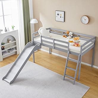 JOYMOR Bunk Bed with Curved Slide, Low Bunk Bed Twin Over Twin with Slide and Angled Ladder, Solid Pine Wood Frame,14" Safety Guardrail, Anti-Slip Steps (Gray, Twin)