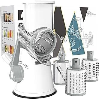 Rotary Cheese Grater Hand Crank Cheese Shredder for Fresh Cheese, Vegetable, Nuts,Non-slip Suction Base, Free Cleaning Brush Three Blades, White