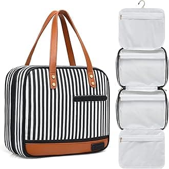 BosiduToiletry Bag for Women, Water-resistant Travel Makeup Organizer with Hanging Hook, 4 Compartments Large Cosmetic Case for Accessories, Shampoo and Full Sized Container, Black & White Stripes, Fashion