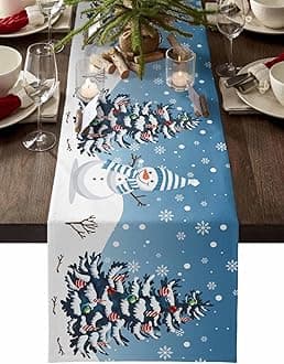 Ldtrchee Christmas Table Runner - Cotton Linen 120 Inches, Snowman Rustic Blue Snowflake Bed Runner Dress Scarves, Farm Xmas Tablerunner for Dining/Holiday/Coffee Table 13" x 120"