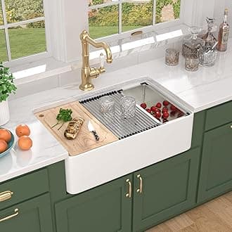 33" Reversible White Farmhouse Sink Workstation - Fireclay Apron Front 33x20 Country Style Single Bowl Ceramic Porcelain Farm Sink For Kitchen, Undermount Installation #TLAC-0003