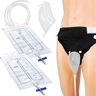 Wearable Urine Collector System with Dual Capacity Collection Bags (1000ml & 2000ml), Silicone Catching Capsule with 1.2M Flexible Catheter, Comfortable Cotton Pants for Elderly Men Black