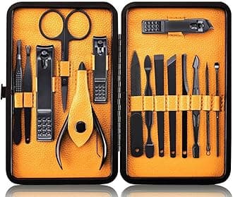 Professional Stainless Steel Nail Clipper Travel & Grooming Kit Nail Tools Manicure & Pedicure Set of 15pcs with Luxurious Case(Black/Yellow)