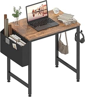 LufeiyaSmall Desk for Small Spaces, 24 Inch Kids Girls Study Writing Mini Desks for Bedroom, Simple Modern Laptop PC Little Side Table with Storage Bag Headphone Hooks, Rustic Brown