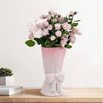 Pink White Ceramic Bow Vase 9.64 in Unique Cute Modern Decorative Bouquet Flower Vases for Home Living Room Table Decor Women Girl Gifts