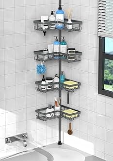 Corner Shower Caddy Tension Pole - Rustproof Tension Rod Organizer, Floor to Ceiling Shower Caddy 25-114.2 inch, Bathroom Storage Rack Corner Waterproof, Dark Gray