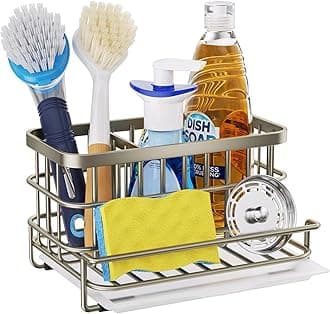 Kitchen Sink Caddy Organizer - Versatile Sponge Holder with Drain Tray, SUS304 Stainless Steel Rustproof Kitchen Sink Organizer Storage for Countertop- Brushed Nickel