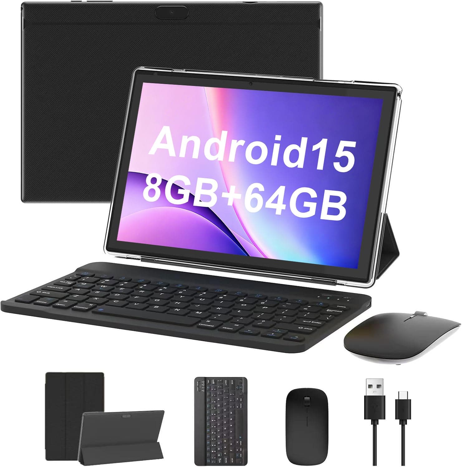 Android 15 Tablet, 10 Inch 8GB RAM+64GB ROM+1TB Expand, 1.8Ghz Quad-core Processor, 2 in 1 Tablets with Keyboard/ Mouse/ Case/ Stylus, 8MP Camera, 6000mAh Battery, 1280*800 HD Screen, 5G WiFi 6 Tablet