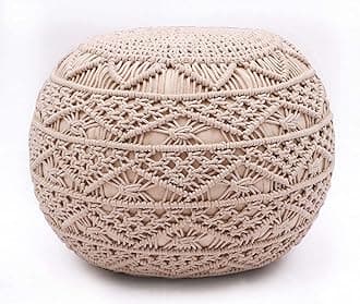 THE HOME TALK Hand Woven Macrame Pouf | Ottoman Footrest | Bean Bag, Floor Chair for Living Room, Bedroom, Kid’s Room, Hall | Cotton Knitted | Small Furniture | 18’’ x 18’’ x 14’’ | Natural
