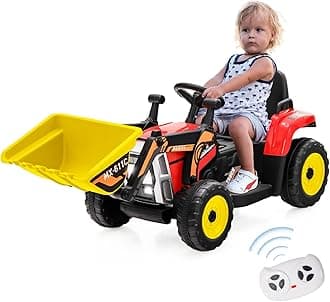 GYMAX Kids Ride on Bulldozer, 12V Battery Powered Toy Car with Remote Control, Light, Music, USB, Adjustable Arm & Bucket, Slow Start, Children Electric Excavator for 3-8 Years Old (Red+Black)
