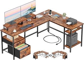 Furologee 66” L Shaped Desk with Power Outlet, Reversible Computer Gaming Desk with File Drawer & 2 Monitor Stands for Home Office with Storage Shelves, Rustic Brown