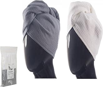 100% Turkish Cotton Hair Towel Wrap for Women,Non Microfiber,Super Absorbent,AntiFrizz,Plopping Hair Drying Waffle Bath Towels for Curly,Long&Thick Hairs,Head Wrap,2 Pack10x26inc (Grey+White)