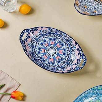 Blue Mandala Ceramic Long Dish with Handles for Serving Snacks, Appetizers, Salads, and Noo