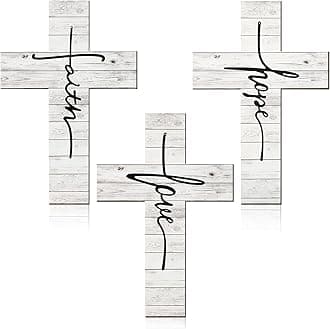 Jetec 3 Pieces Faith Love Hope Cross Sign Wood Wall Hanging Rustic Decor Vintage Art Religious Farmhouse Home Decor, 12 x 8 Inch (White)