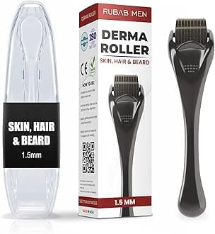 - RUBAB MEN 1.5mm Derma Roller for Hair Regrowth & Beard Growth | 540 Titanium Alloy Microneedles | Activator for Patchy Beard, Scalp, Face & Skin| Comes with Travel Case