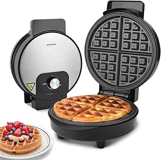Round Waffle Maker with Adjustable Temperature Control, Non Stick Deep Fill Waffle Iron, Belgian & American Waffle Machine, Cool Touch Handle, 1000W, Stainless Steel - Crunchy