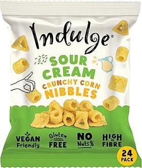 Indulge - Crunchy Corn Nibbles - Sour Cream Flavour - Gluten Free, Low Salt, Low Fat, Nut Free, Vegan - 20g x 24 bags (20g (Pack of 24), Sour Cream)
