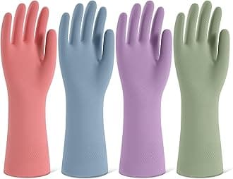 Rubber Cleaning Gloves for Dishwashing, 4 Pairs Reusable Kitchen Gloves for Washing Dishes and Household Cleaning, Colorful Dish Gloves with Flocked Lining and Non-Slip Grip, Pefect for Woman Men - S