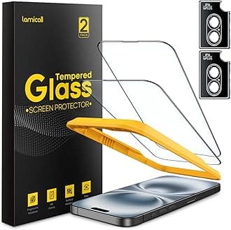 iPhone 16 Glass Film + Camera Film (Set of 2): US SG Glass, Lamicall 9H Hardness, iPhone 16 Protective Film with Black Edge, Screen Film, Camera Protection, Lens Cover, Tempered Glass, Screen
