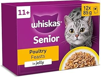 WHISKAS Senior 11+ Poultry Feasts Wet Cat Food Pouches in Jelly 12 x 85g (Pack of 4)