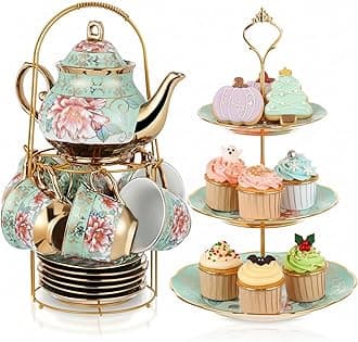 Maxcheck 21 Pcs Porcelain Tea Set for Women Tea Party with Metal Holder and 3 Tier Cake Stand Ceramic European Floral Teapot Set for Adults Mother's Day Christmas Thoughtful Gift(Fresh Style)