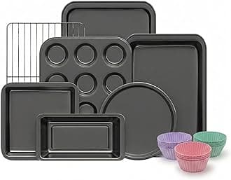 Baking Pans Sets, Nonstick Bakeware Set 8-Piece with Round/Square Cake Pan, Loaf Pan, Muffin Pan, Cookie Sheet, Roast Pan, Cooling Rack & Silicone Oven Mitts, Carbon Steel Bake Set