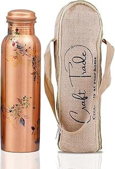 Craft Trade 100% Pure Copper Water Bottle 34 Oz, Ayurveda inspired Copper Bottle for Drinking, Handcarfted Floral Design with Jute Case – Boosts Immunity & Digestion, Leak-Proof, BPA-Free - 2PK